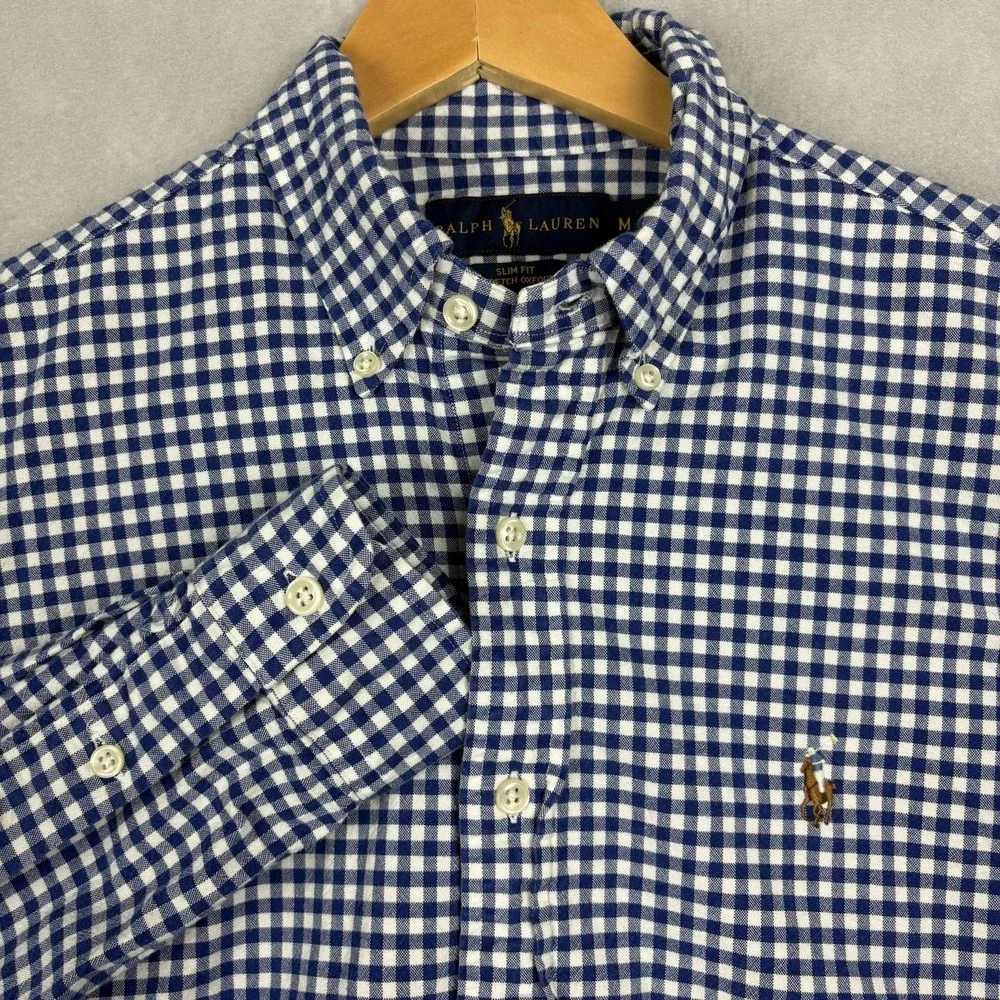 Ralph Lauren Oxford Shirt Men’s Medium Blue Gingham Check Flesh Pony Slim Fit